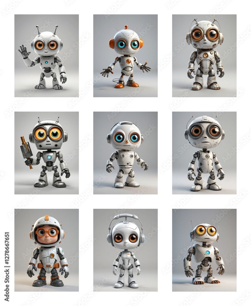 Poster Nine different robots are showcased against a neutral backdrop, each with a unique design, metallic build, and big expressive eyes in various poses.