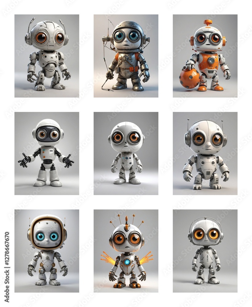 Aufkleber Nine cartoon robots with large eyes are displayed against a white backdrop. Each robot features unique designs, showcasing varied styles and forms.