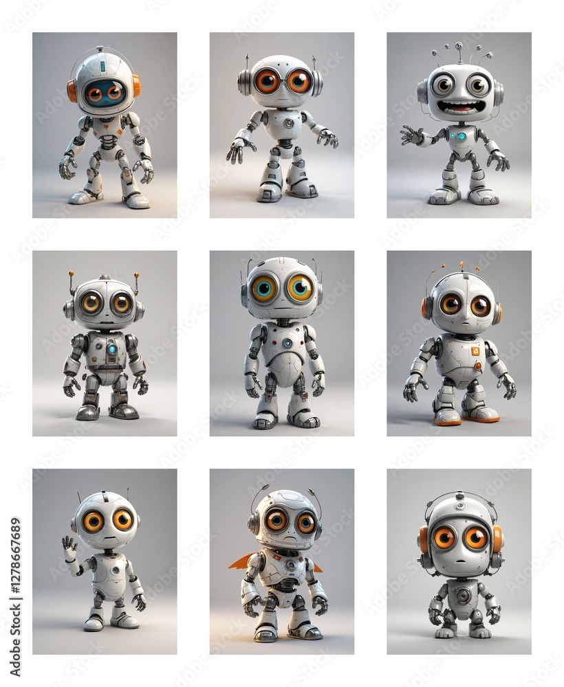 Poster nine cartoonish robots with big eyes are posed in a grid. they are white and silver with various det
