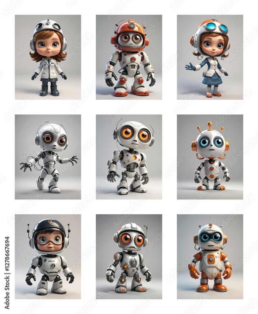 Poster Nine cartoonish robots with large eyes are displayed on a white background. Some robots appear child-like while others are more mechanical, each in a unique pose.