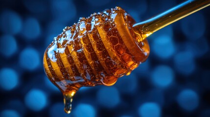 Thick, golden honey dripping gracefully from a vintage wooden spoon in soft natural light