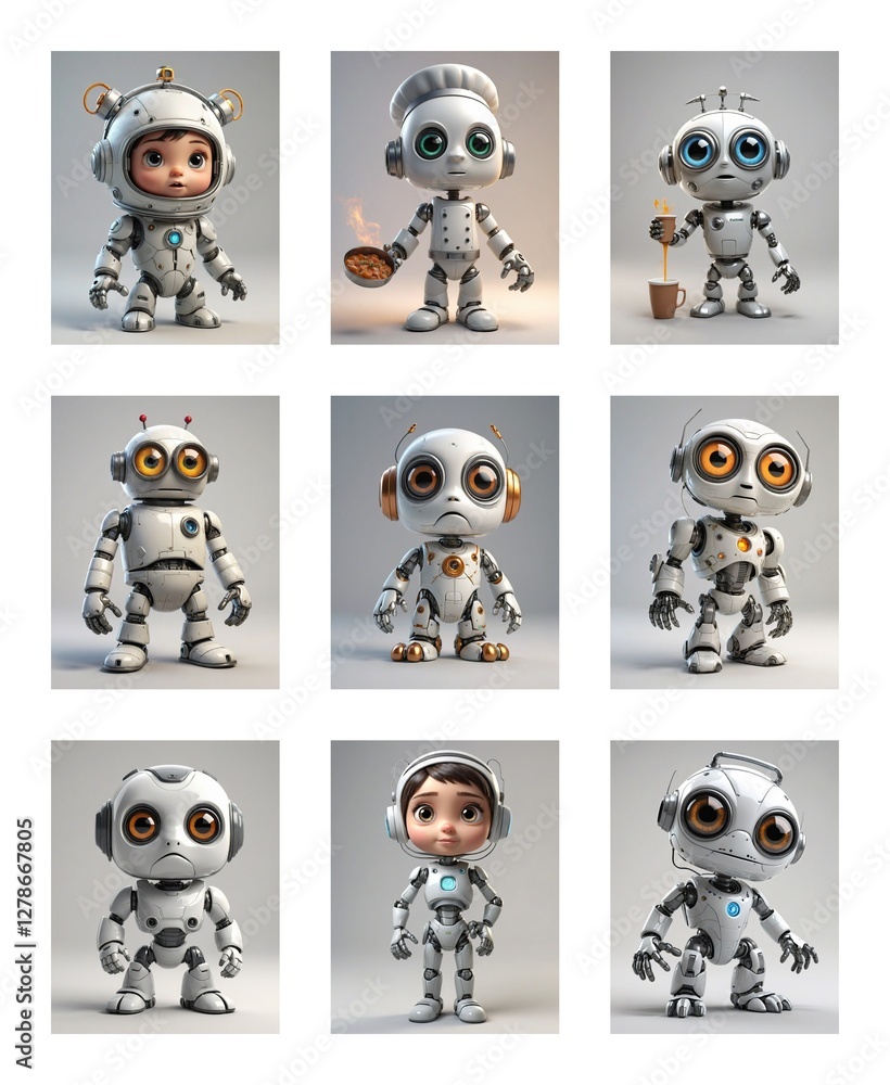 Poster Nine cute robots with different headwear and expressions are displayed against a neutral background. Each robot has unique features and poses, creating a collection of charming mechanical figures.