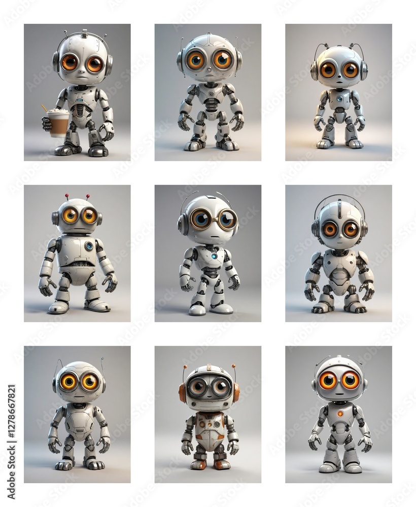Poster nine white cartoonish robots with big eyes are showcased in a grid, each with slight variations in a