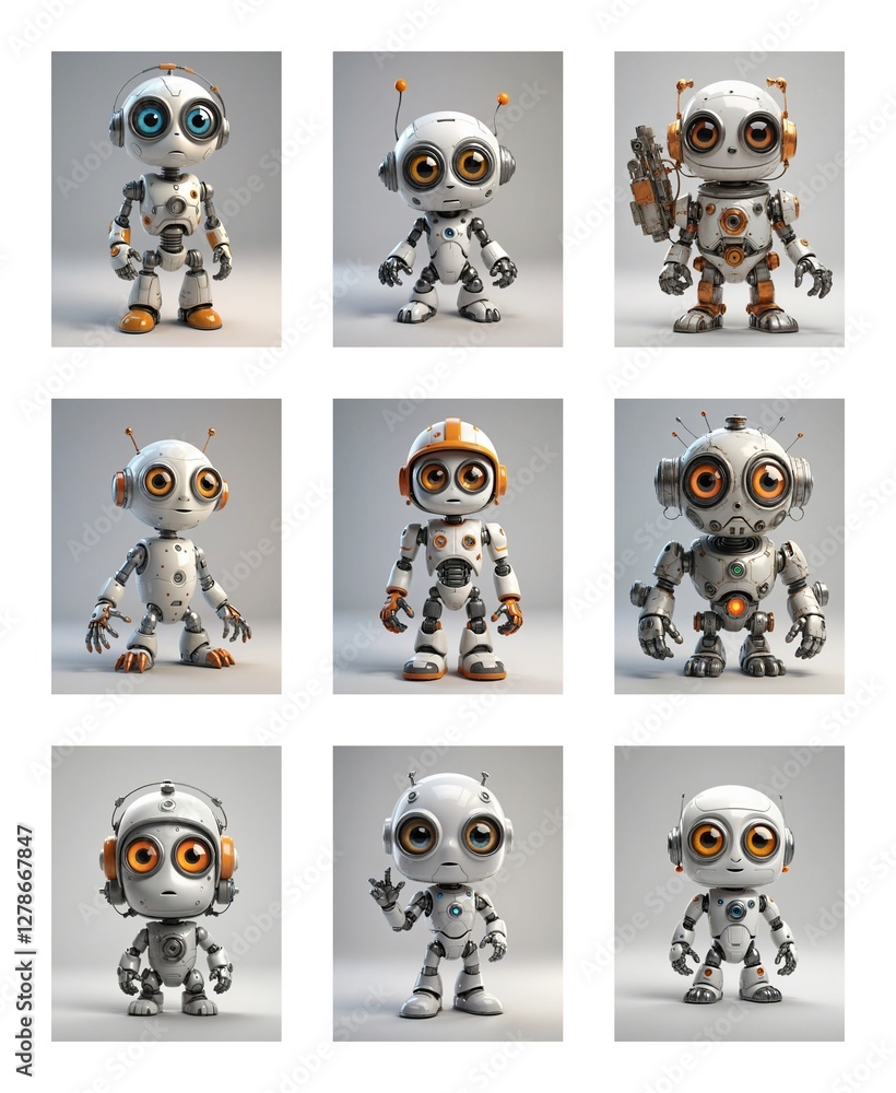 Poster Nine charming white and orange robots with big eyes are displayed in various poses on a plain white backdrop.