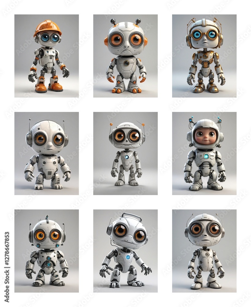 Aufkleber Nine small, cute robots are displayed in a grid. Each robot has a unique hat or headwear, such as a construction helmet or pilot helmet, on its metallic head.