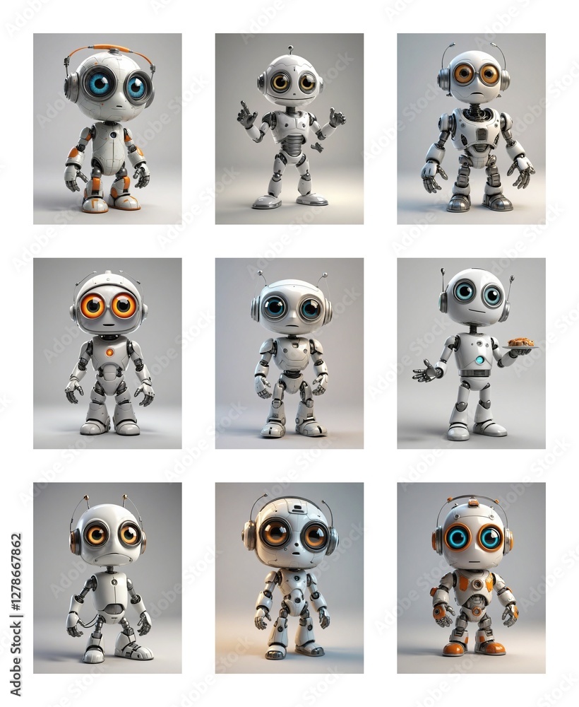 Poster nine cute, white, and metallic robots with large eyes are showcased in a grid against a soft gray ba