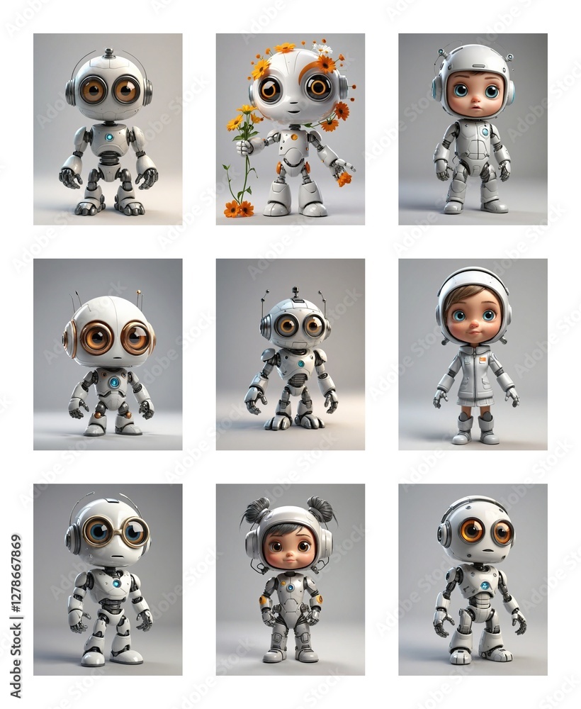 Poster nine charming cartoon robots are showcased. each robot exhibits unique poses and slight variations i