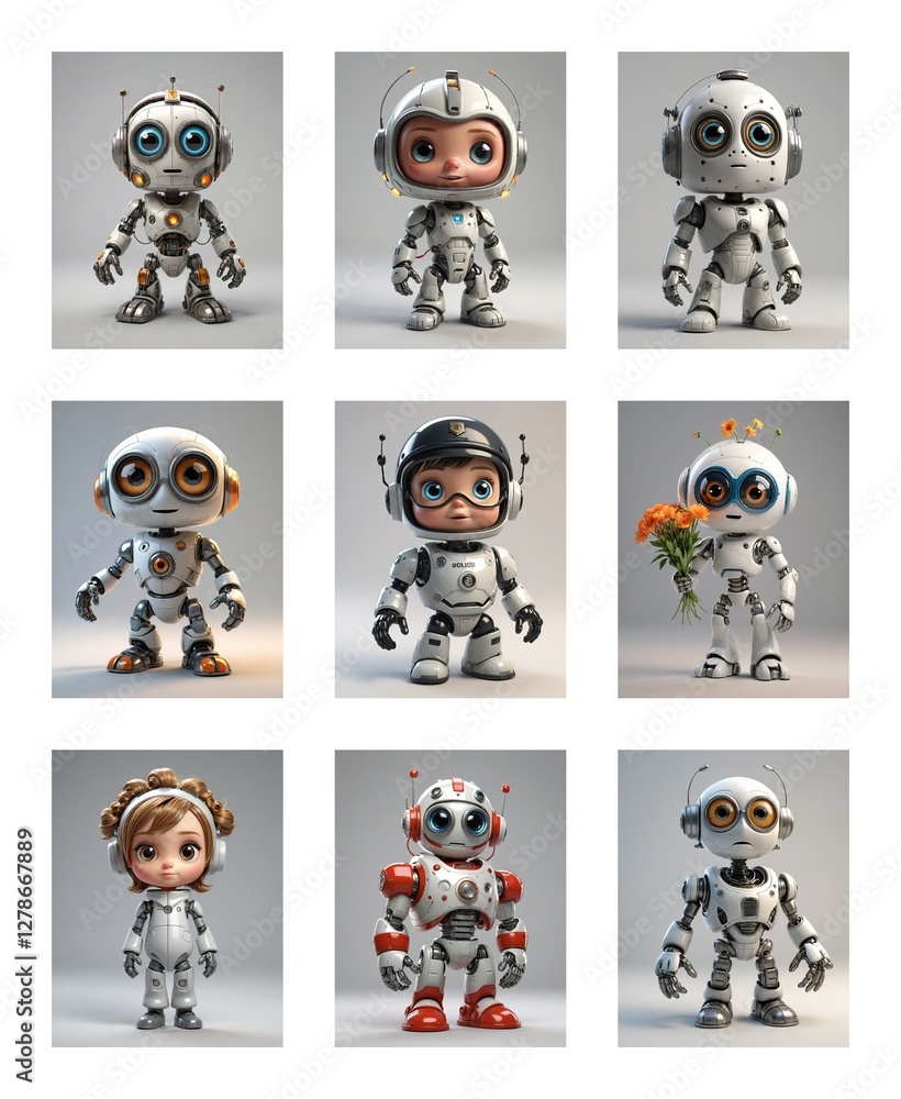 Poster Nine cute cartoon robots in a grid view, each a unique mockup of a futuristic humanoid android, showcasing different poses and styles against a plain backdrop.