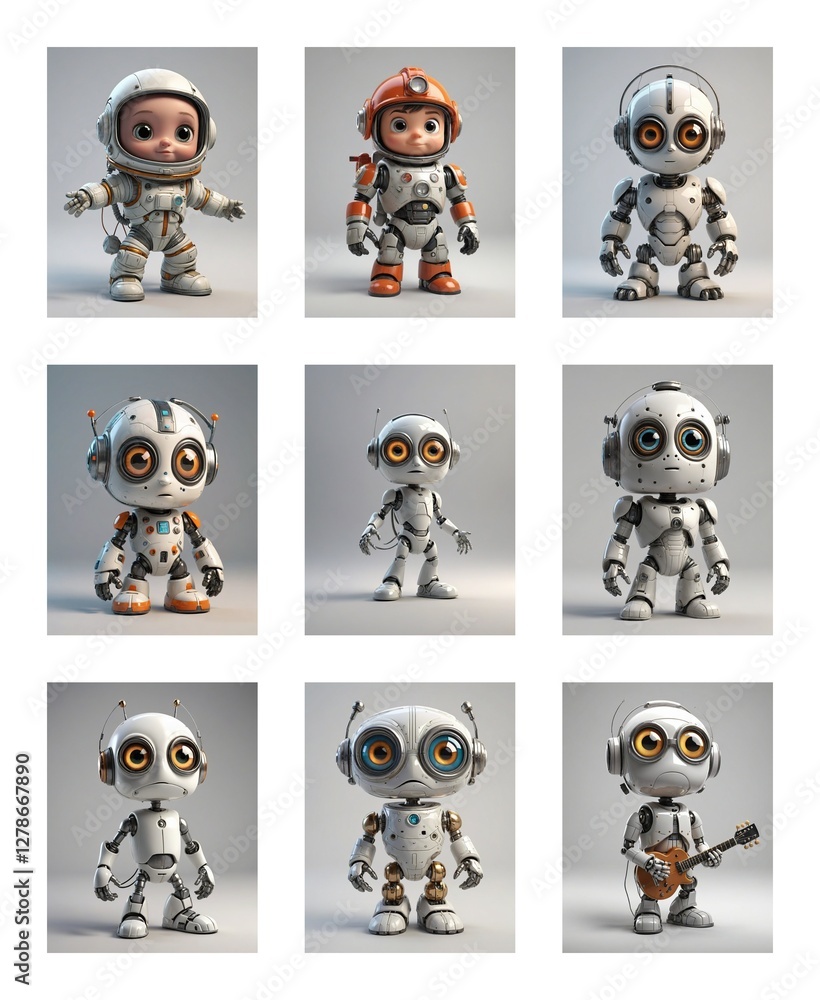 Poster nine cute cartoon robots with big eyes are showcased in a grid format against a plain background. so