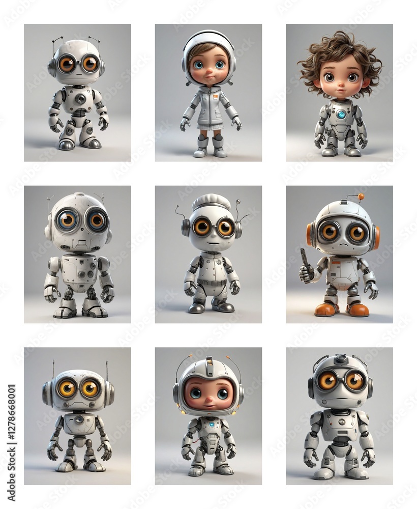 Poster nine cartoonish 3d figures arranged in a 3x3 grid. they are robots and humanoids with big eyes, posi