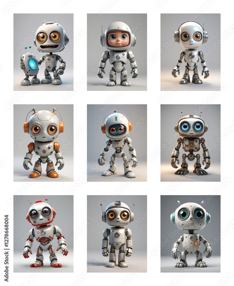 Poster Nine cute robots with big eyes and antennas pose in a grid. They are white and gray with some color accents, showcasing various designs and styles.