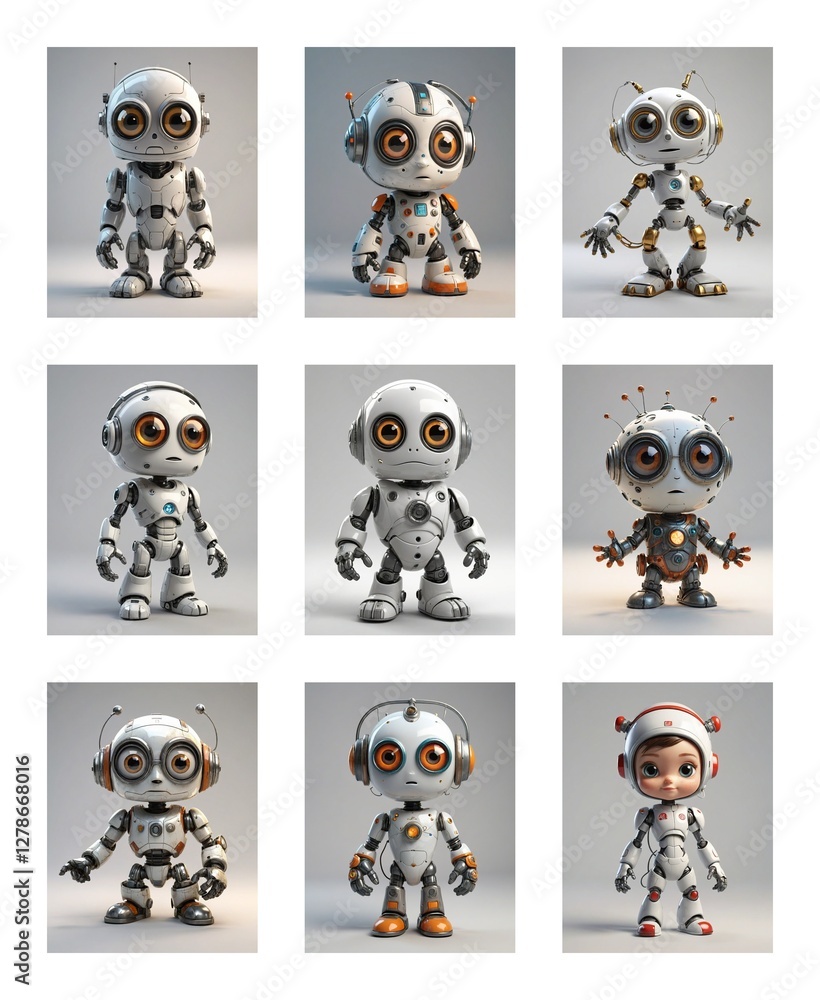 Poster Nine cute robots with big eyes are displayed in a grid. These futuristic and adorable bots are posing in various stances, showcasing different designs and details.