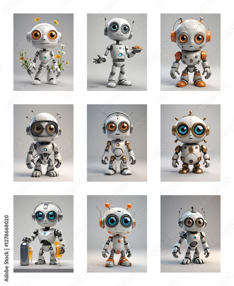 Fototapete Nine cartoon robots with big eyes are arranged in a grid. Each robot is in a different pose against a plain backdrop. They all appear to be white and metallic.