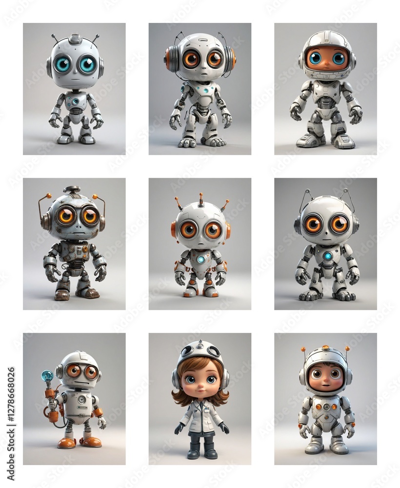 Poster Nine cartoon robots with big eyes and metallic bodies are displayed in a grid layout, including a girl in a white suit.