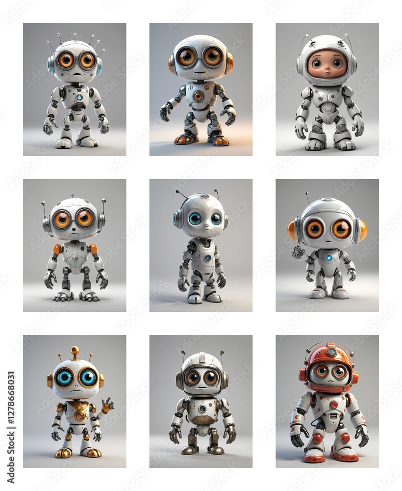 Poster Nine charming cartoon robots with varied designs and colors are displayed on a white background. Each robot has unique features and a cute appearance.