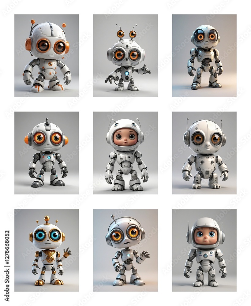 Poster cute robot collection featuring nine white robots with big eyes and different antenna designs, some 