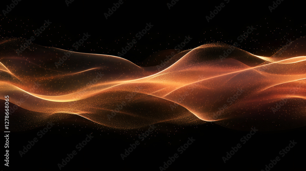 Poster Golden particles are flowing and forming abstract waves on a black background, creating a visually stunning effect
