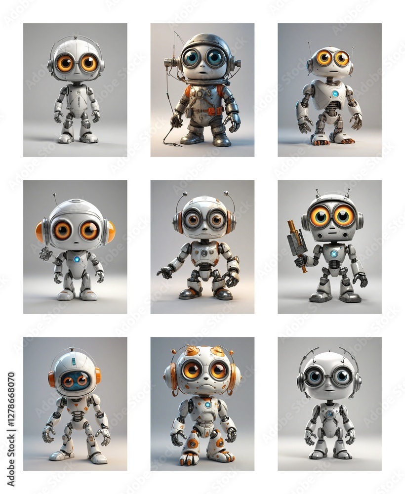 Aufkleber Nine charming cartoon robots with big eyes are showcased against a clean white backdrop. Each robot has a unique design, creating a delightful collection of futuristic automatons.