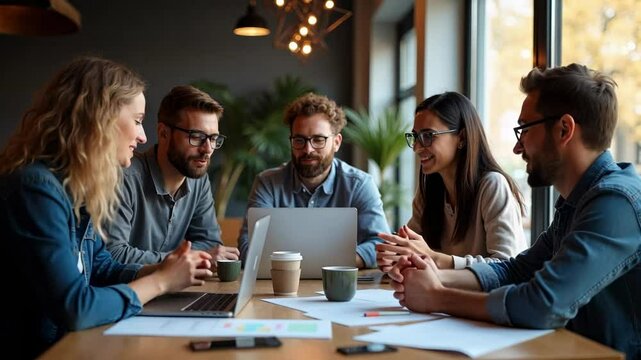Collaborative brainstorming session among a diverse team in a modern workspace