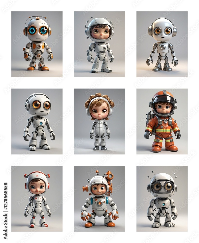 Aufkleber cartoonish figures of robots and children in futuristic suits stand against a white backdrop in a gr