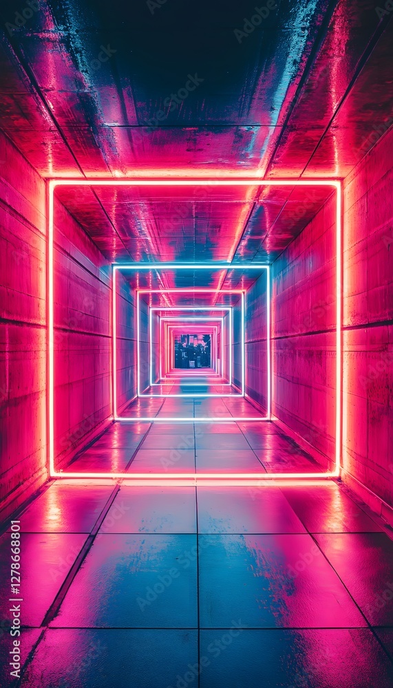 Poster glowing neon squares create a tunnel effect with reflections