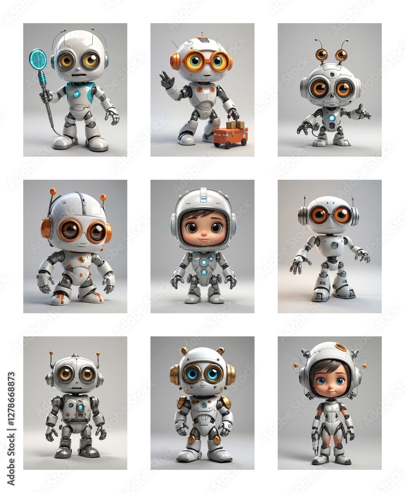 Aufkleber nine adorable cartoon robots with large eyes are showcased against a clean white backdrop, each in a