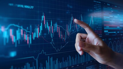 Office man finger touch hud, virtual screen with stock market changes, business candlesticks graph chart. Double exposure of blue and white lines, online trading