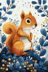 Fototapeta premium A whimsical illustration of a squirrel surrounded by colorful foliage.