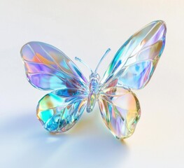 Iridescent glass butterfly on white background.
