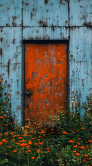Rusty Door, Blooming Flowers, Wall Art