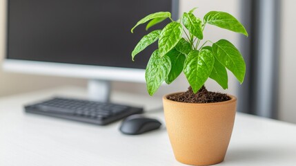 Green Plant on White Desk with Computer