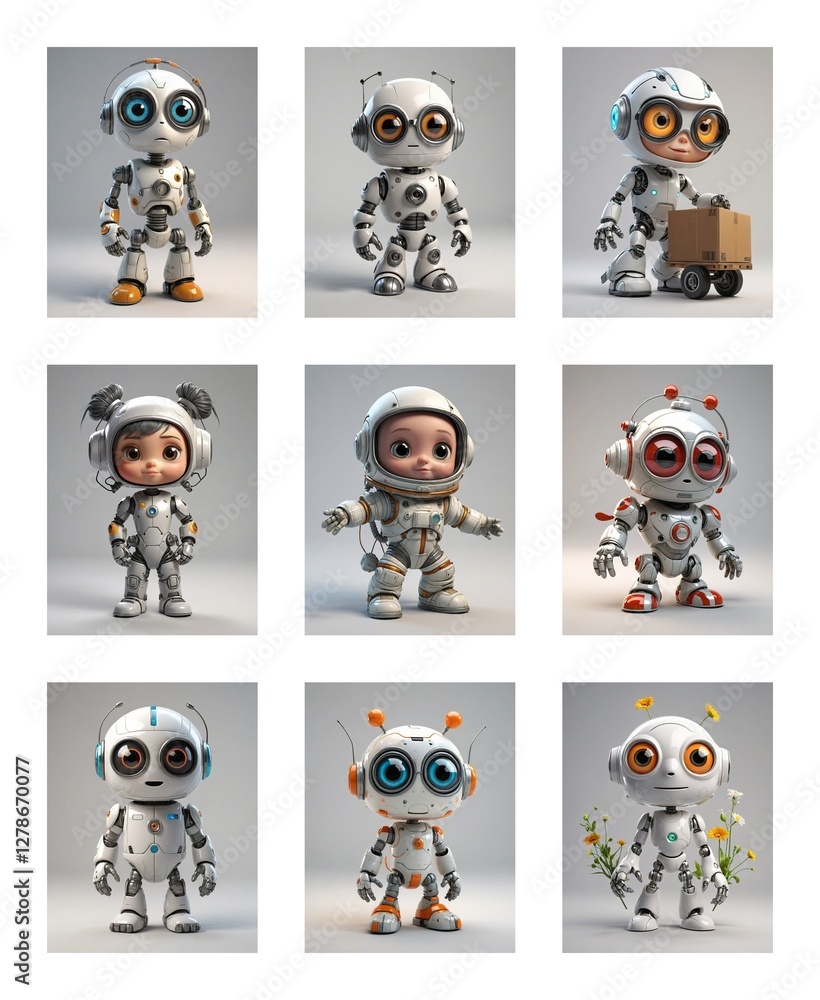 Poster Cute cartoon robots with big eyes in different poses stand against a white background in a grid layout.