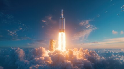 Rocket launch sends spacecraft into the sky amidst clouds and bright flames during a spectacular evening ascent