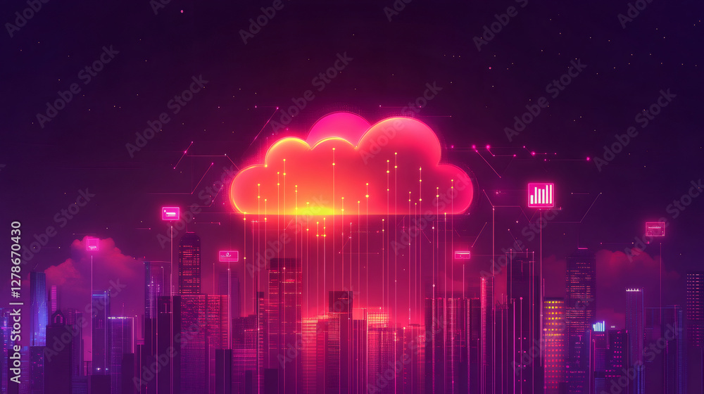 Leinwandbilder futuristic cityscape at night with cloud computing connecting data through digital lines and icons