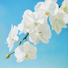 Fototapeta premium White orchids against a light blue sky