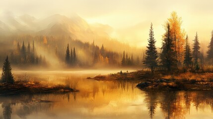 Fototapeta premium Serene Autumn Landscape with Golden Trees and Reflective Water