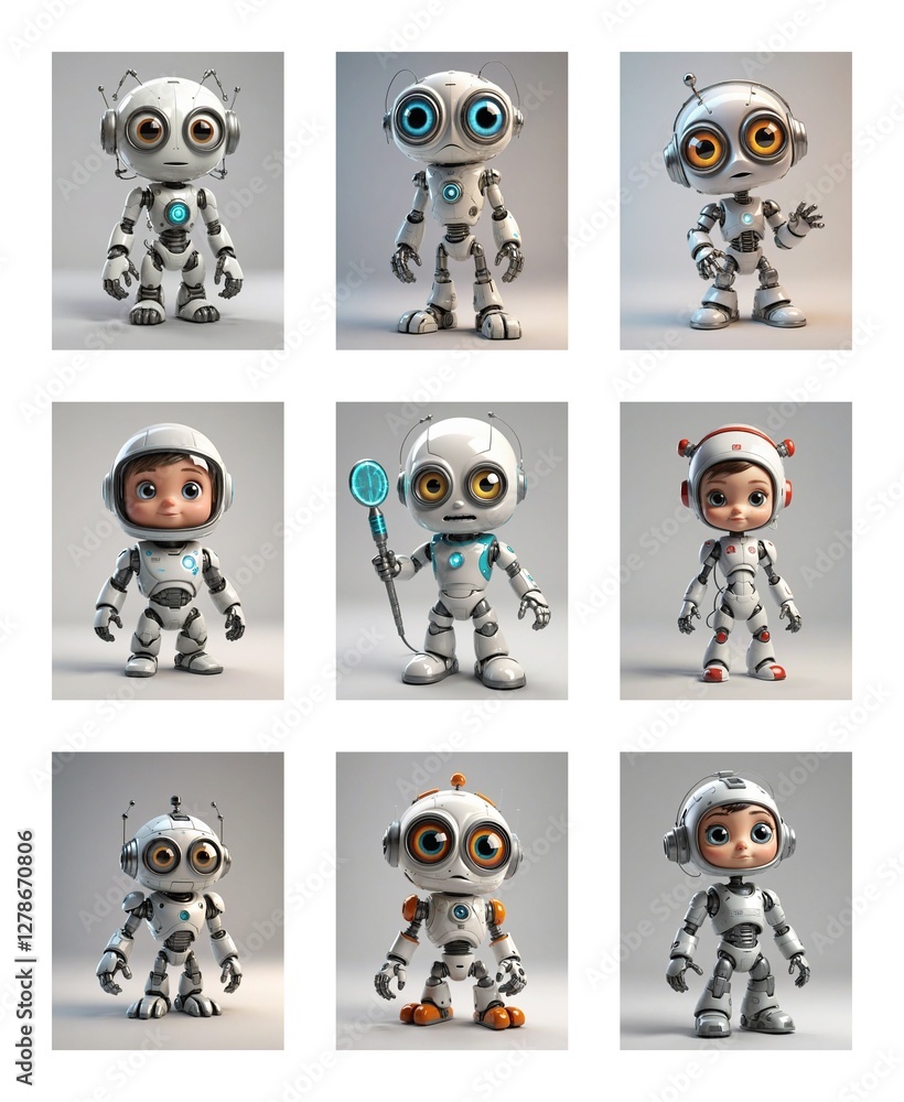 Aufkleber Nine adorable cartoon robots with large eyes are displayed in a grid. Each robot has a unique design and pose, showcasing playful and imaginative styles.