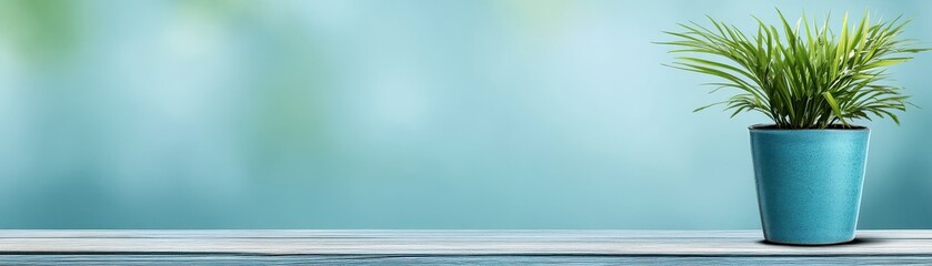 Obraz premium A vibrant green plant in a blue pot rests on a wooden table, set against a softly blurred, light blue background.