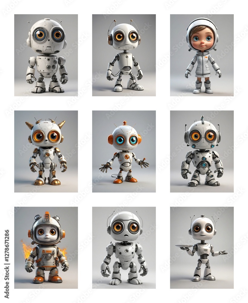 Poster Nine cartoon robots and a child astronaut are displayed in a grid. The robots are mostly white and grey with large eyes, and some have unique features.