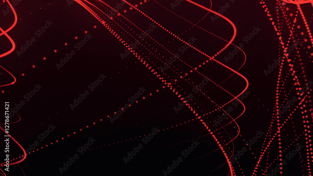 Poster dynamic wave of glowing particles. abstract dotted lines on dark background. chaotic colored lines. 