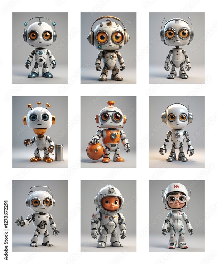 Poster Adorable robots displayed in a grid. Each robot is unique with diverse designs and poses, featuring big eyes and white bodies on a grey background.