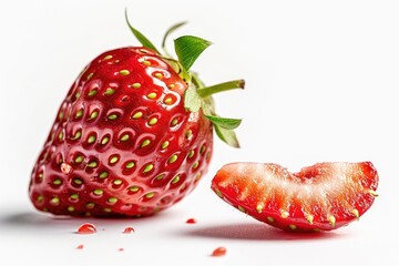 A single ripe strawberry with a slice on white background
