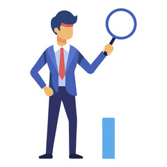 Businessman inspects market trends with magnifying glass for insight today