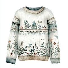 Cozy Hand-Drawn Sweater with Floral and Nature-Inspired Design