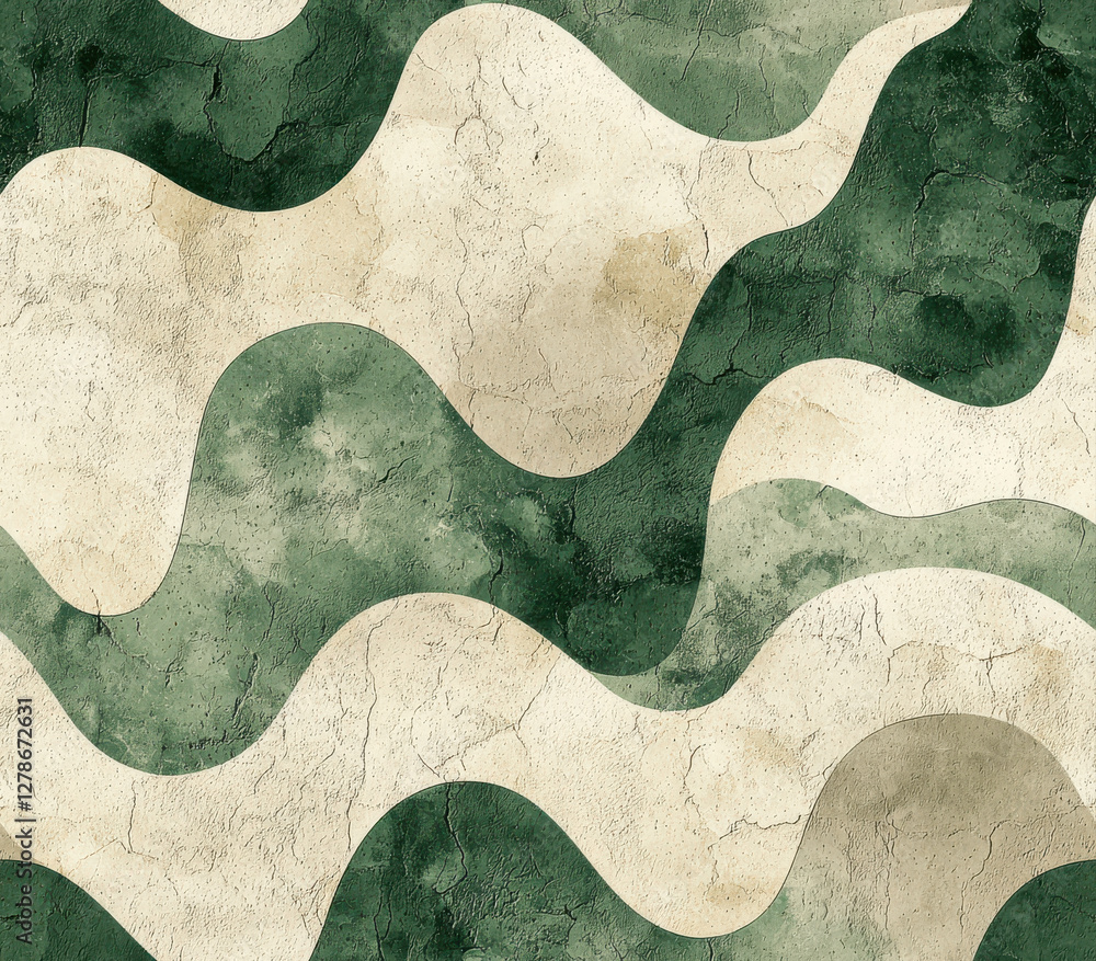 Poster muted emerald and dusty sage waves with pale beige textures create calming design, seamless pattern 