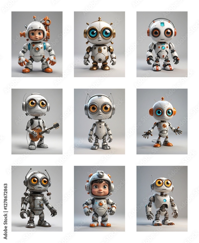 Poster nine cartoon robots, each with unique designs, are displayed against a clean white backdrop. they ar