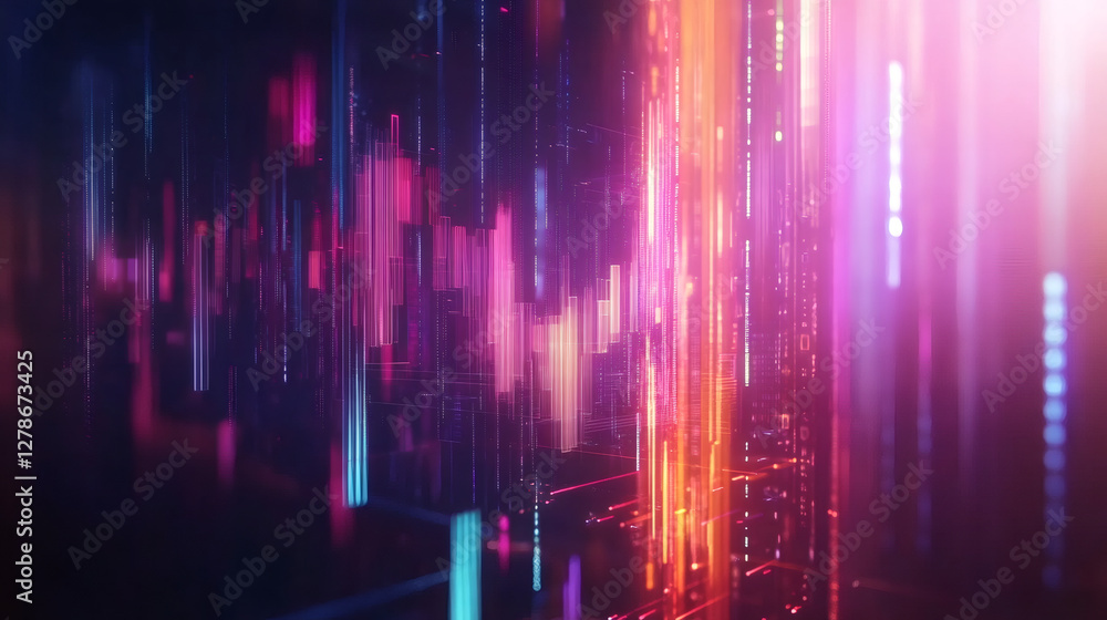 Poster colorful light trails intertwining and forming a vibrant, futuristic cityscape, creating a mesmerizi