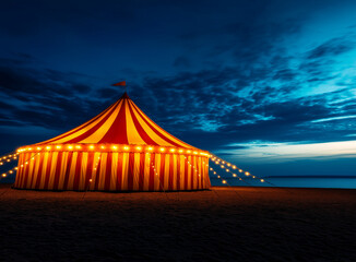 vintage circus tent illuminated at night, featuring red and white stripes, stands on beach under dramatic sky. warm lights create magical atmosphere