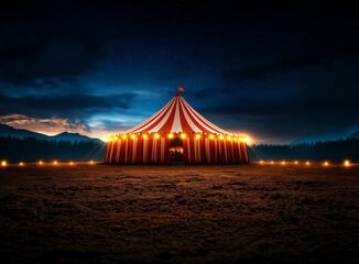 vintage circus tent illuminated at night, featuring red and white stripes, surrounded by serene landscape. atmosphere is magical and inviting, perfect for night of entertainment