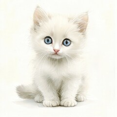 Cute fluffy white kitten with large blue eyes sitting on a light background